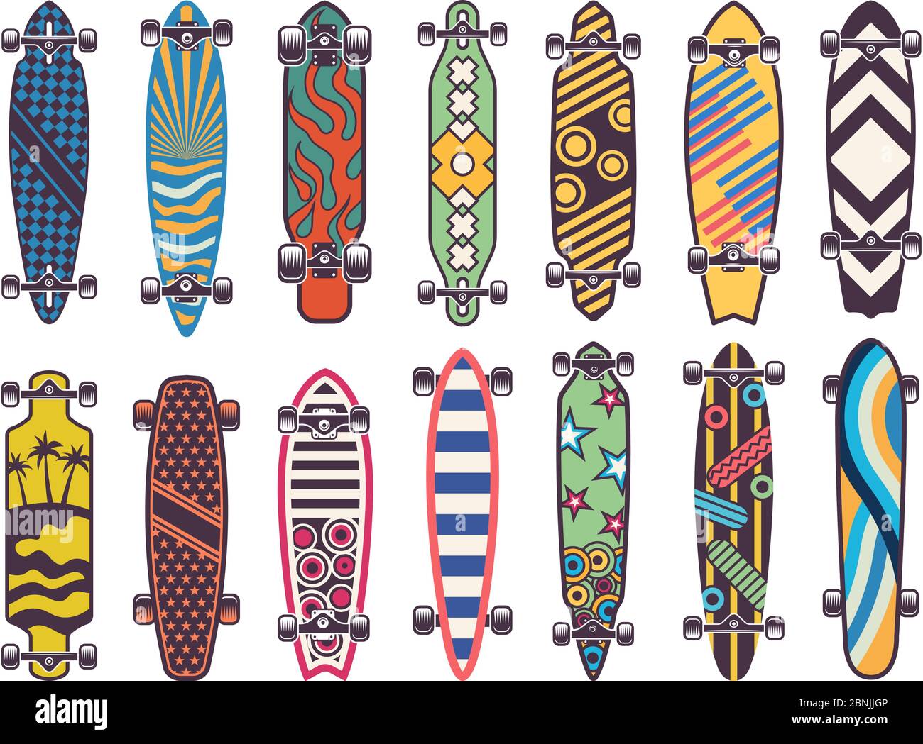 Illustrations vectorielles colorées sur les planches à roulettes Illustration de Vecteur