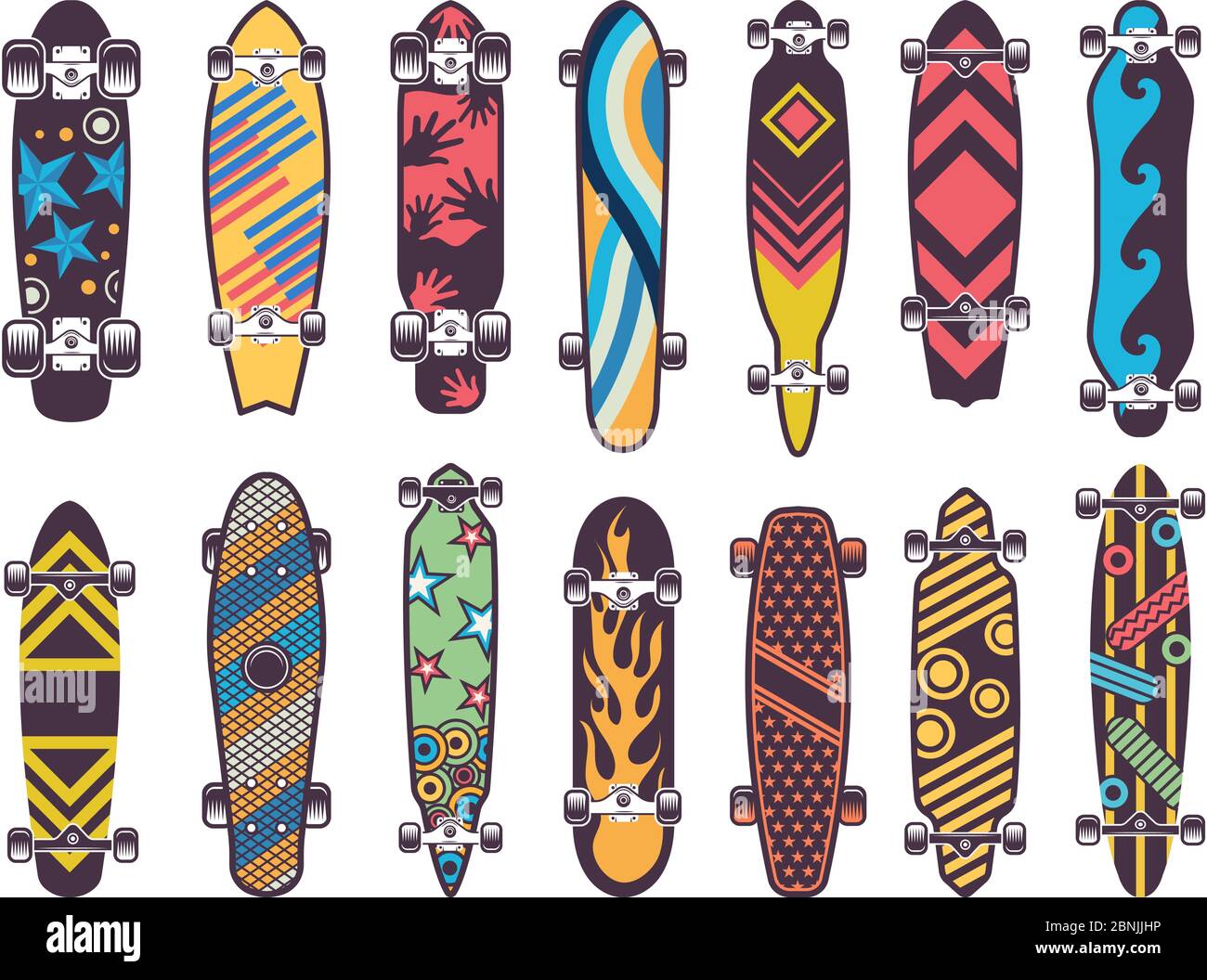 Divers motifs colorés sur les planches à roulettes Illustration de Vecteur