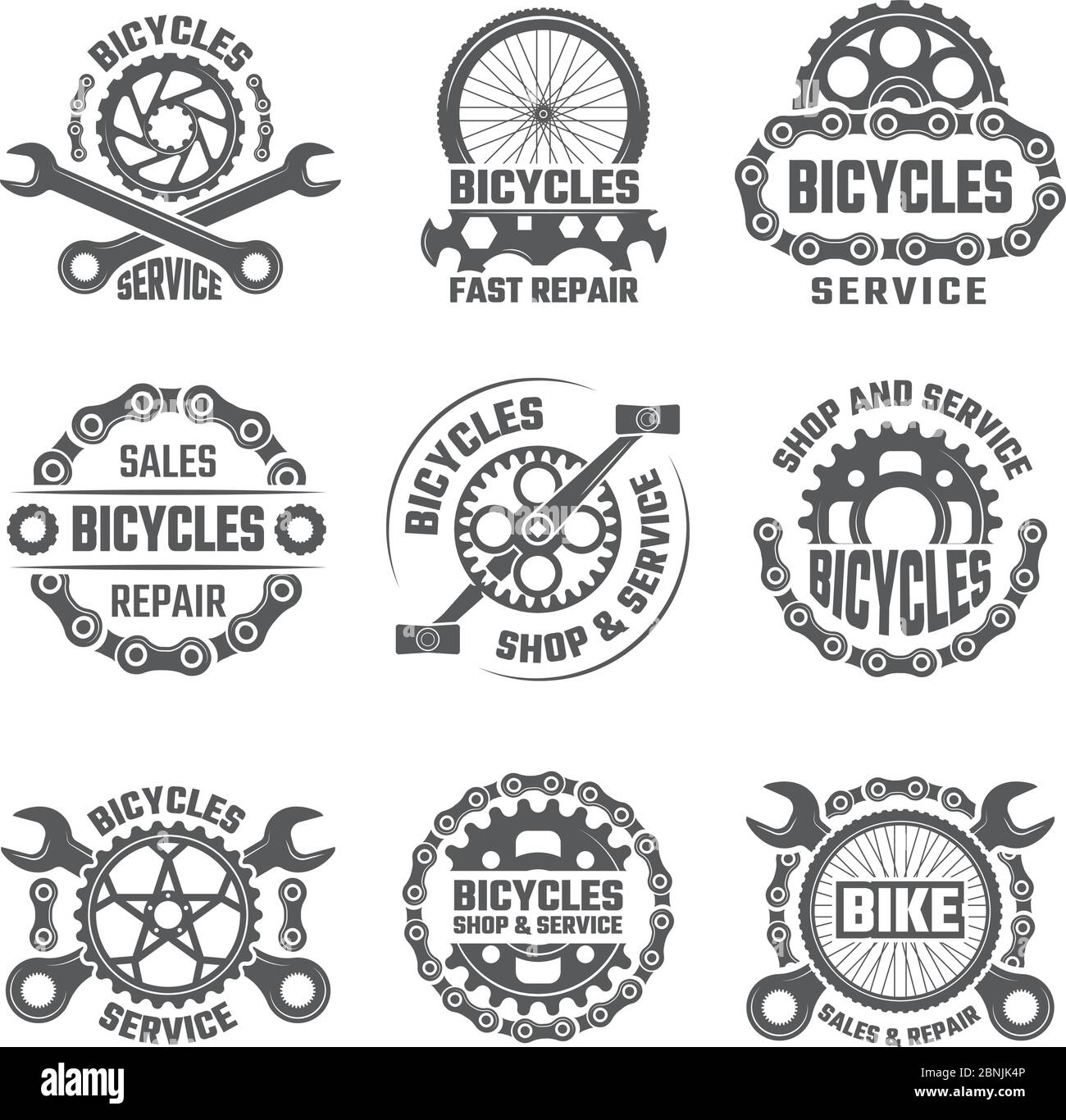 Modèle d'étiquettes avec engrenages, chaînes et autres parties de vélo Illustration de Vecteur