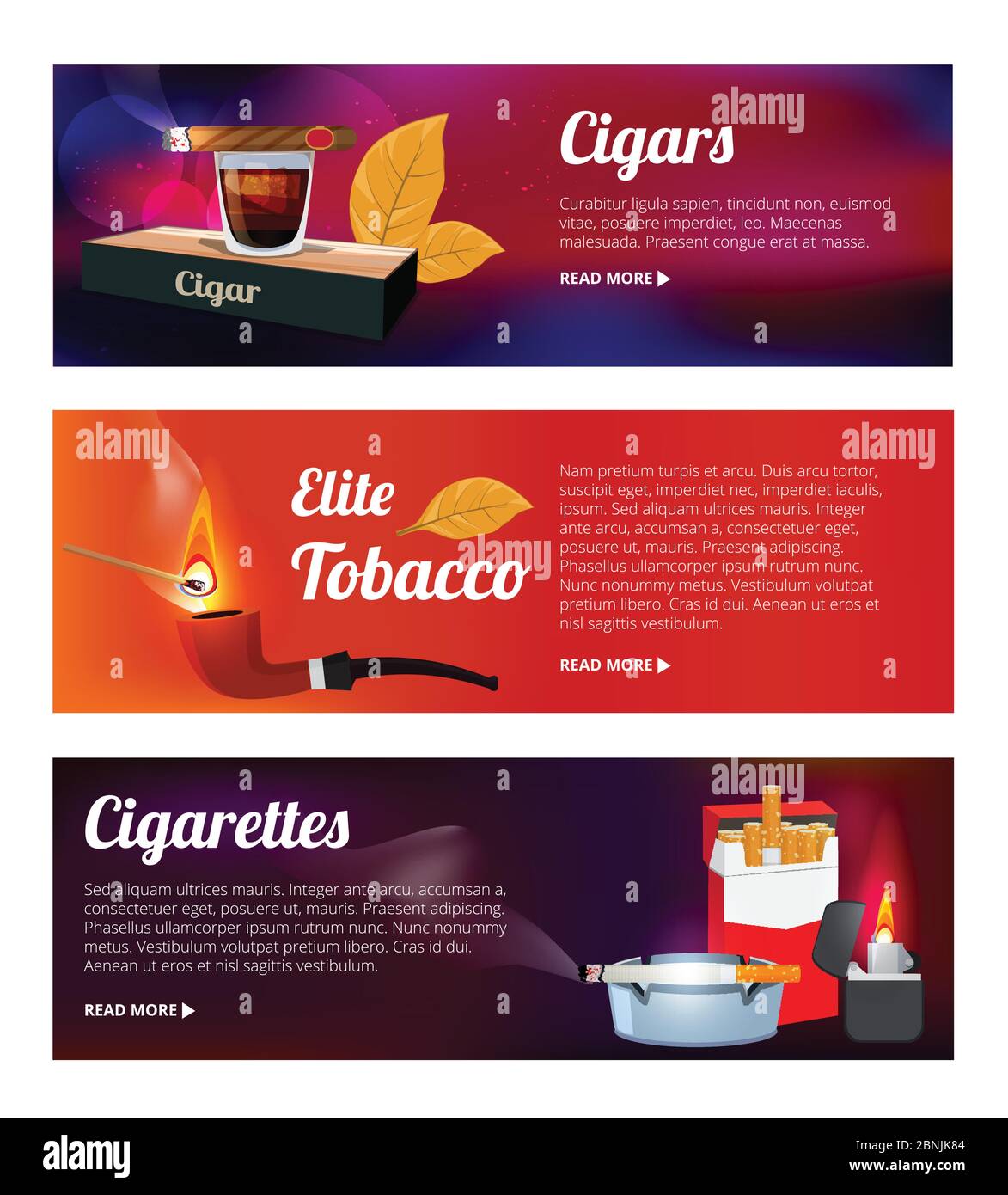 Bannières horizontales avec illustrations de narguilé, cigarettes et divers outils pour fumeurs Illustration de Vecteur
