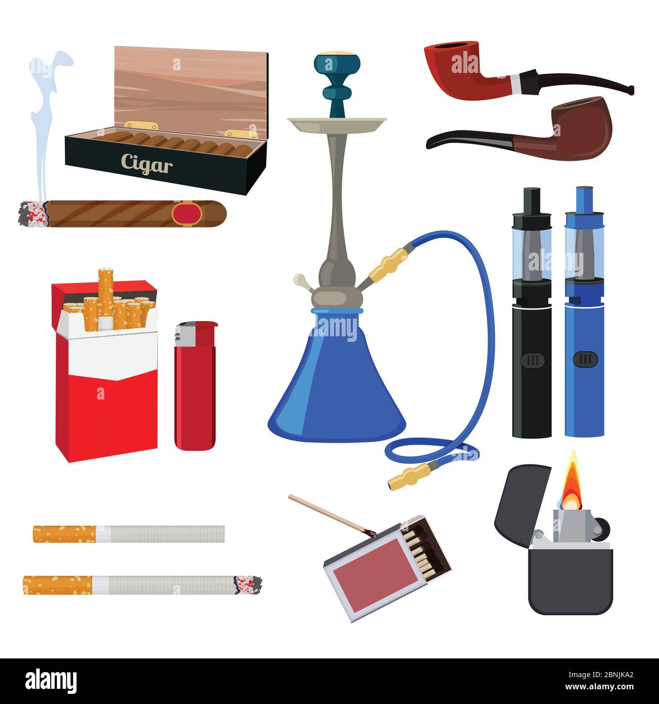 Le narguilé, le tabac, la cigarette et d'autres outils différents pour les fumeurs Illustration de Vecteur