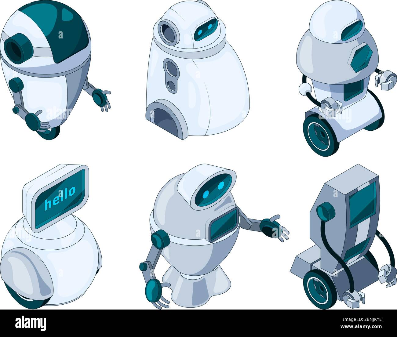 Assistant robots. Images isométriques colorées Illustration de Vecteur