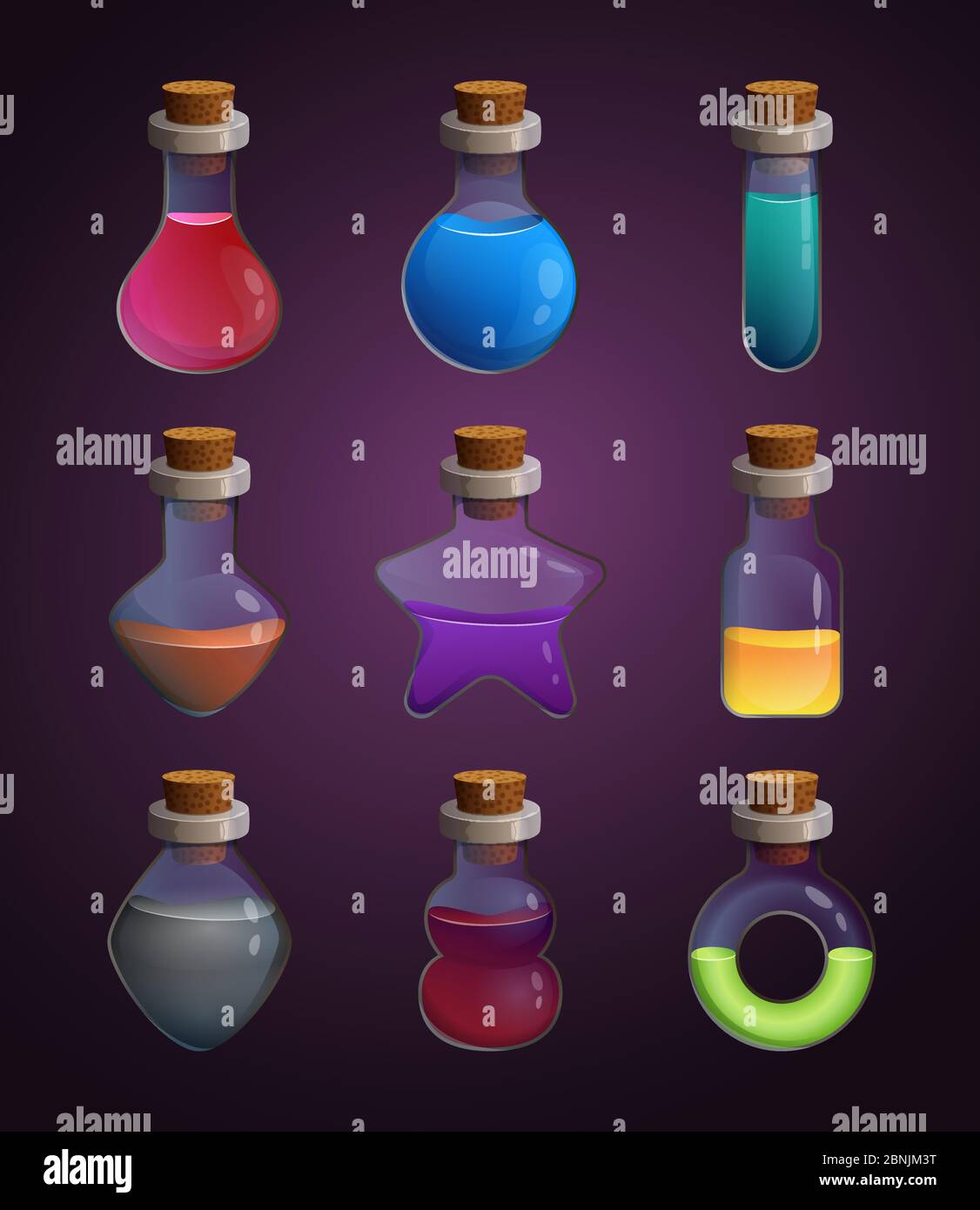 Flacons en verre de différentes formes avec divers poison liquide. Outils pour les projets de conception de jeux Illustration de Vecteur