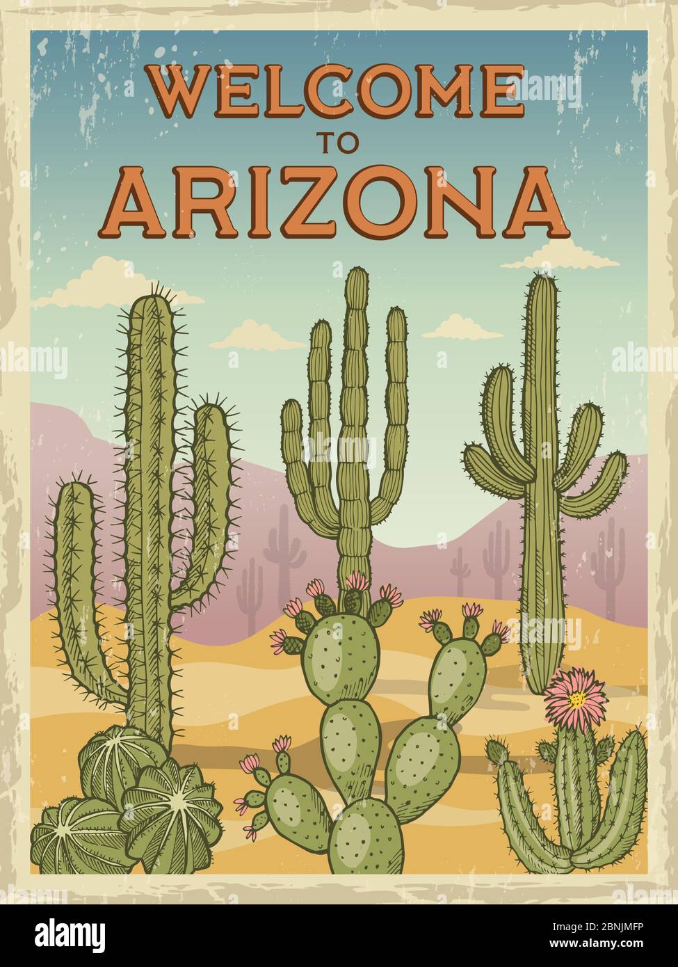 Modèle de design de poster rétro bienvenue en arizona. Illustrations de cactus sauvages Illustration de Vecteur