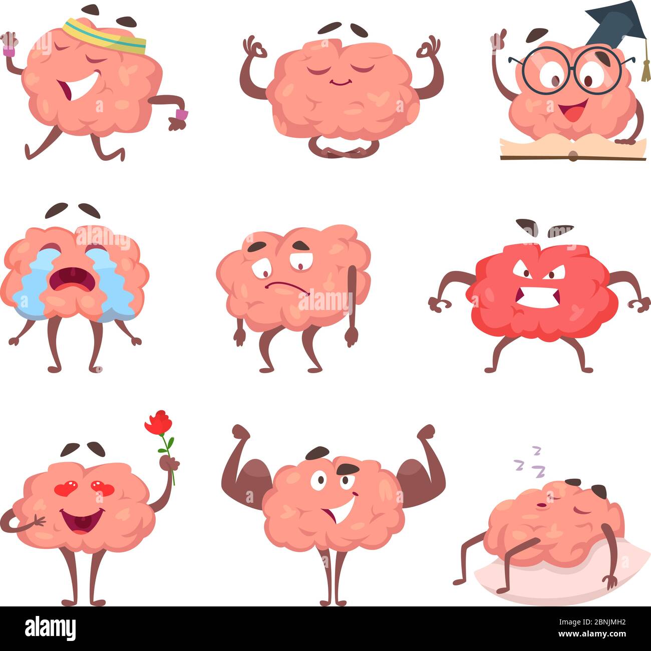 Mascotte de dessin animé de cerveau dans diverses poses Illustration de Vecteur