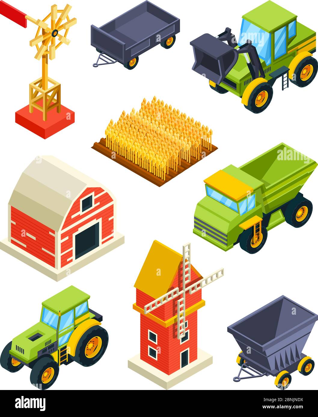 Objets architecturaux de ferme ou de village. Machines agricoles isométriques Illustration de Vecteur