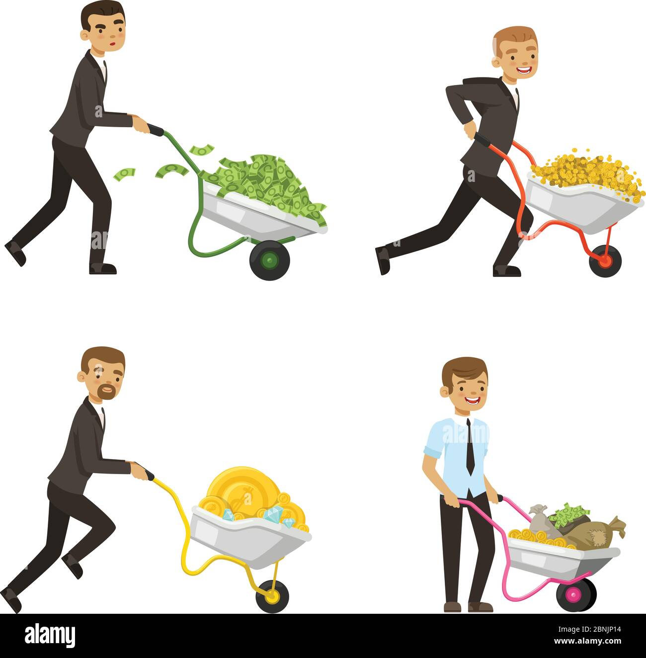 Les hommes d'affaires conduisent une brouette avec de l'argent Illustration de Vecteur Les hommes d'affaires conduisent une brouette avec de l'argent Illustration de Vecteur