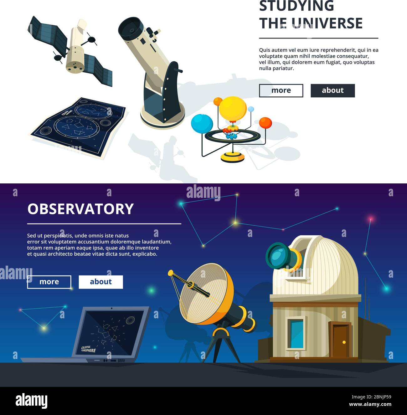 Astronomie. Bannières vectorielles ensemble de thème de la science Illustration de Vecteur