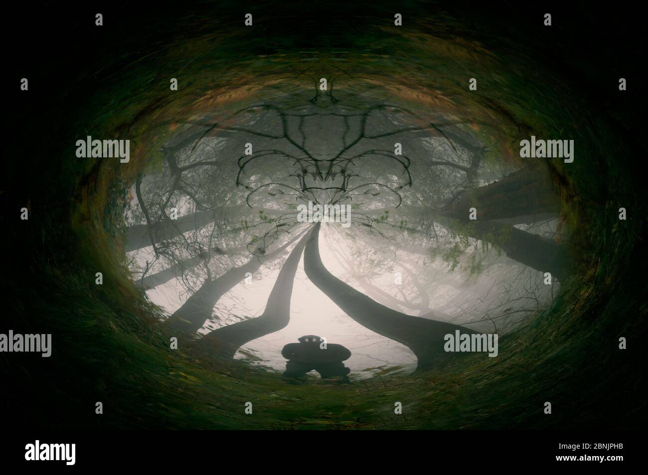 Une figure effrayante, avec des yeux rayonnants. Sur une brumeuse, hiver jour. Avec un cauchemar abstrait, hallucinogène comme le montage. Banque D'Images