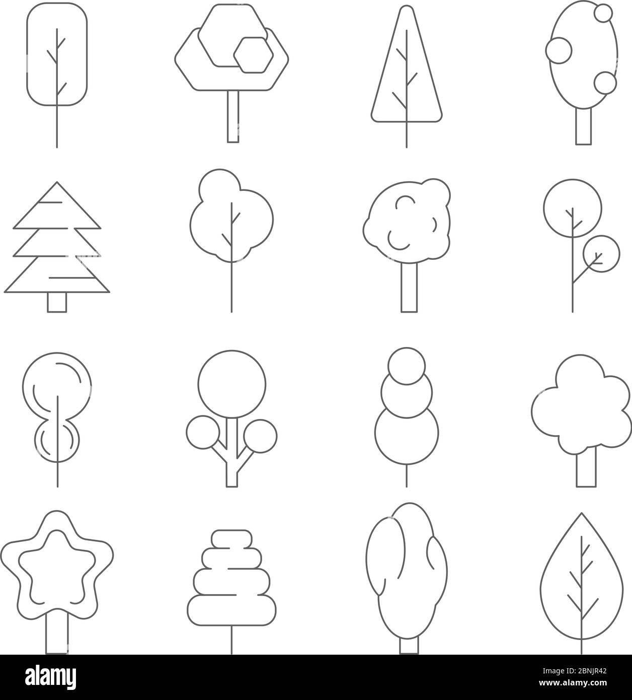 Arbres linéaires stylisés. Symboles vectoriels de diverses plantes Illustration de Vecteur