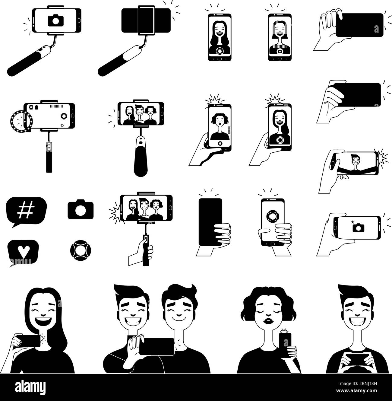 Des photos noires de personnes faisant le selfie et divers outils pour la photo d'eux-mêmes Illustration de Vecteur