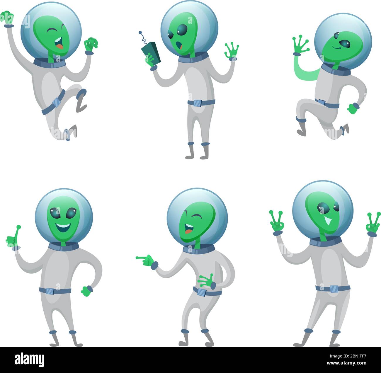 Extraterrestres amusants debout dans diverses poses. Humanoïdes vectoriels Illustration de Vecteur