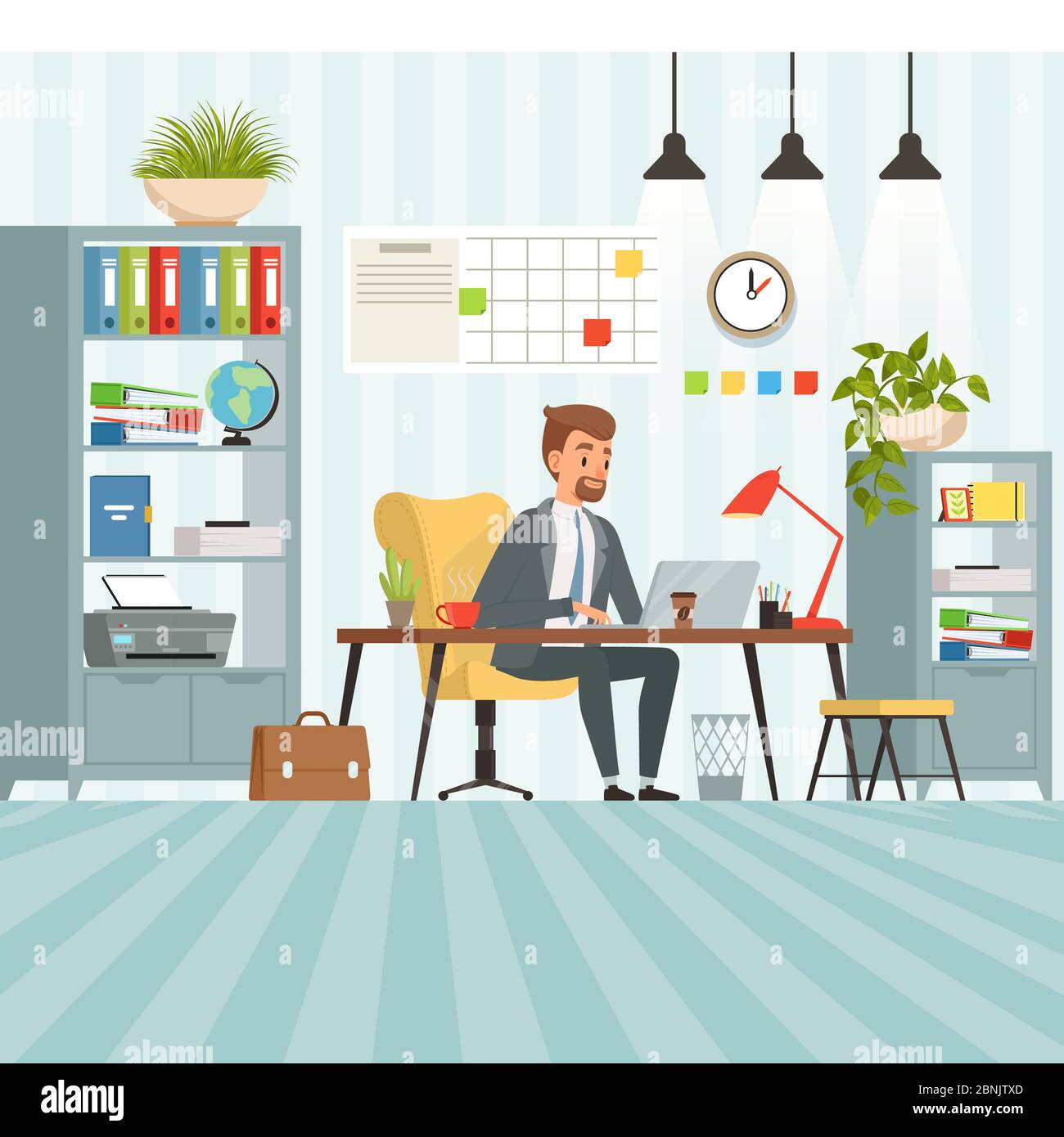 Espace de travail d'un homme d'affaires très occupé. Patron ou directeur de l'entreprise assis à table Illustration de Vecteur