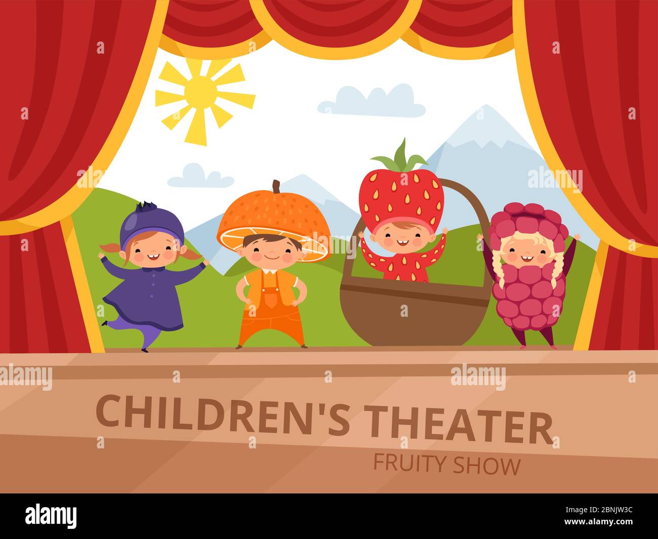 Enfants sur scène. Les enfants en costumes de fruits se font une fête à l'école Illustration de Vecteur