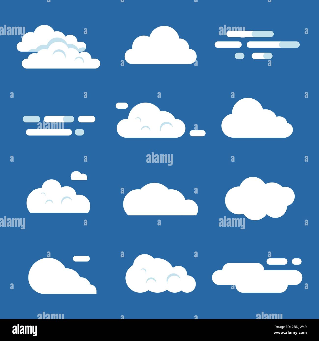 Divers nuages. Illustrations de nuages plats isolées sur blanc Illustration de Vecteur