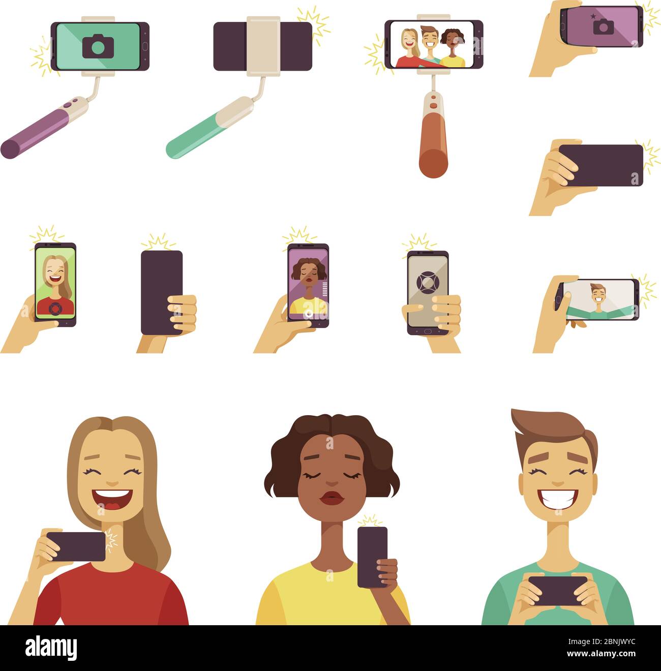 Les gens qui font le selfie. Divers outils et accessoires pour les photos de soi sur smartphone Illustration de Vecteur