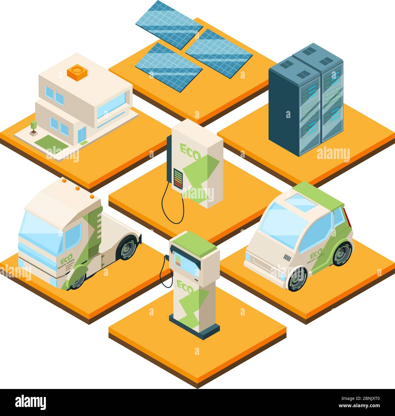 Station de machines électriques. Paysage 3d isométrique avec voitures écologiques Illustration de Vecteur