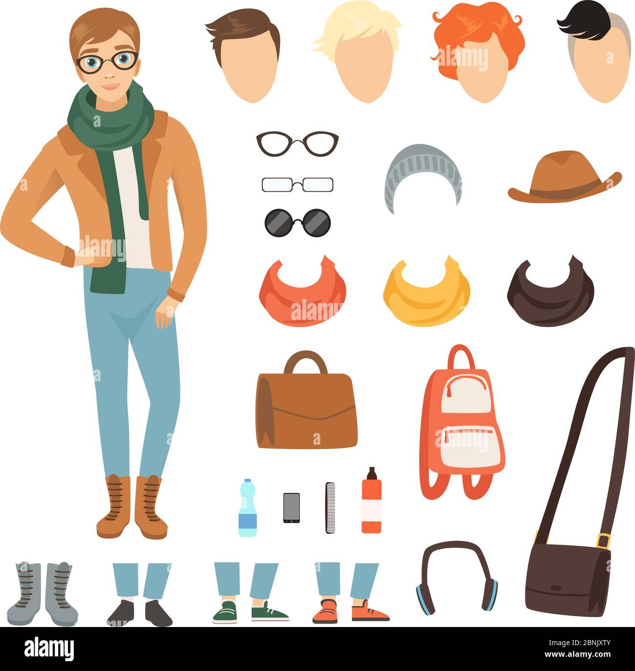 Vêtements de type tendance. Personnage masculin de dessin animé avec divers accessoires de mode et vêtements Illustration de Vecteur