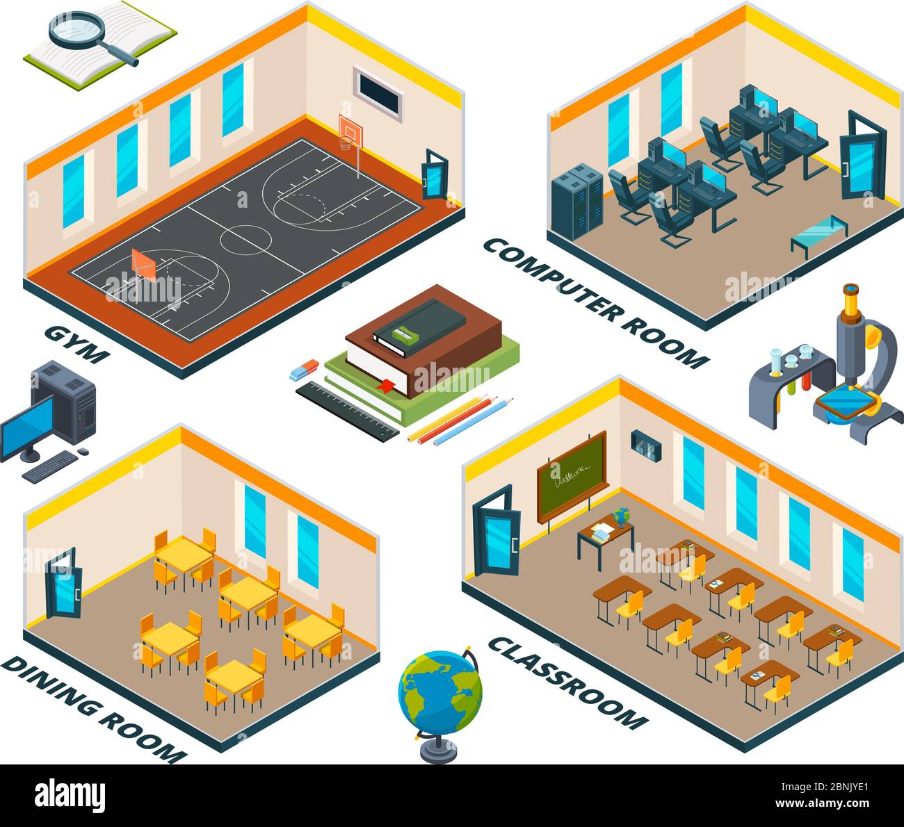 Intérieur isométrique de l'école. Bâtiment avec différentes classes d'institut ou d'école Illustration de Vecteur