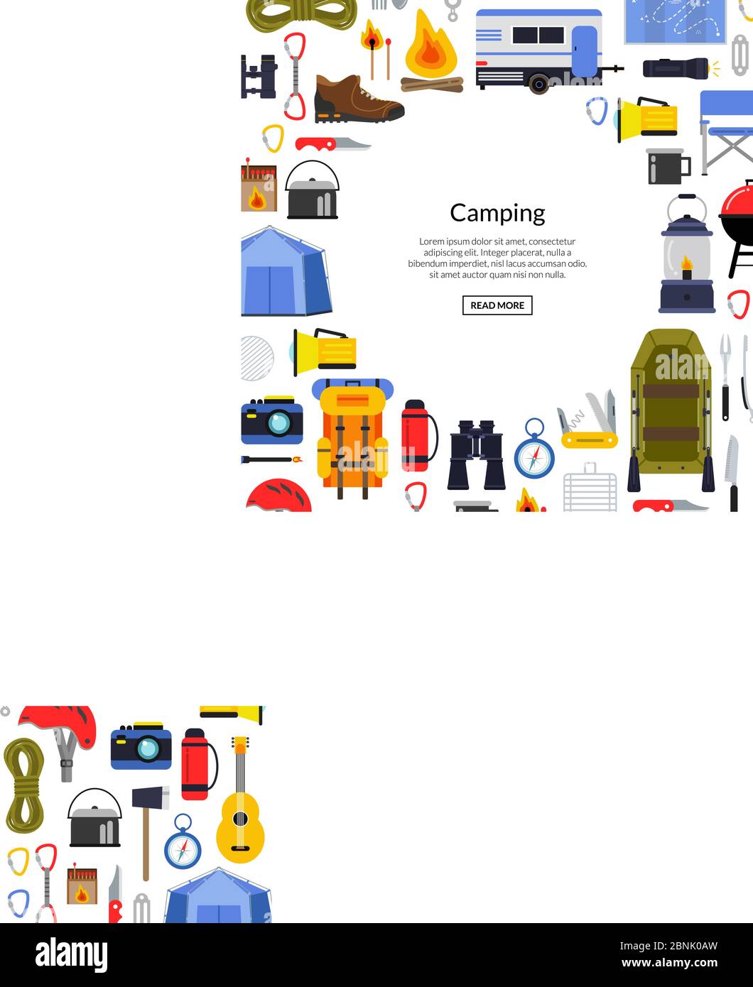 Illustration d'arrière-plan des éléments de camping de style vectoriel plat Illustration de Vecteur