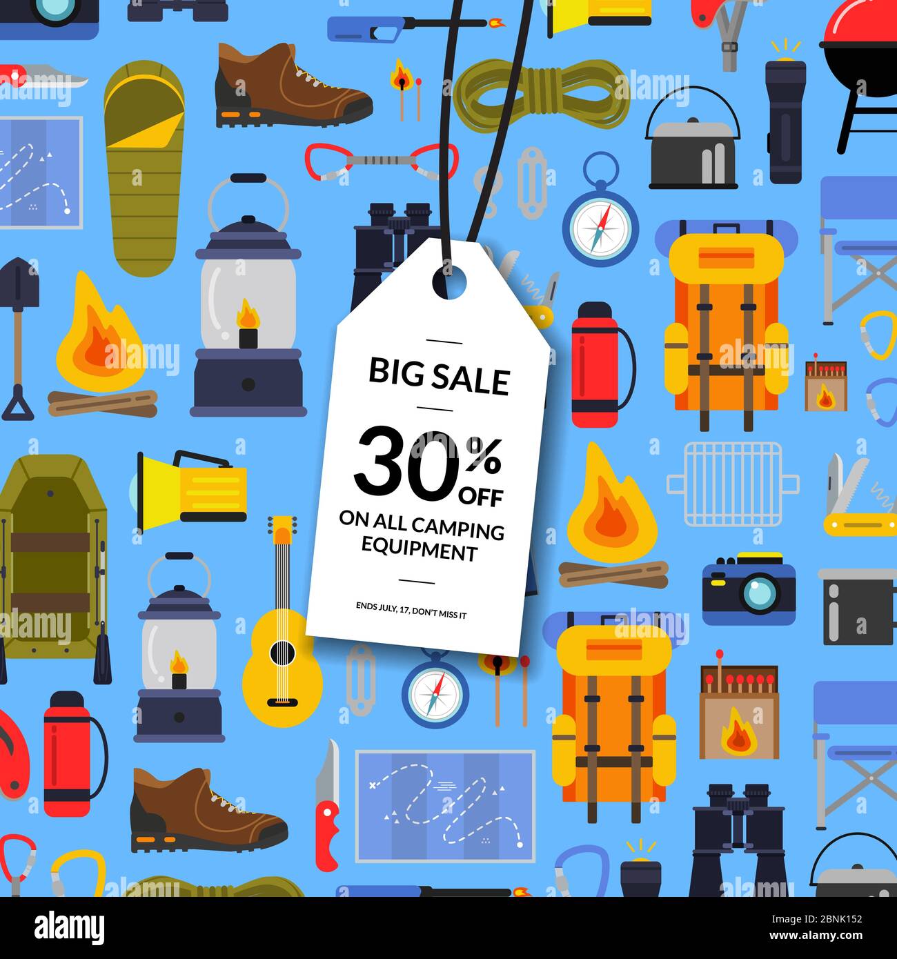 Illustration d'arrière-plan des éléments de camping de style vectoriel plat Illustration de Vecteur