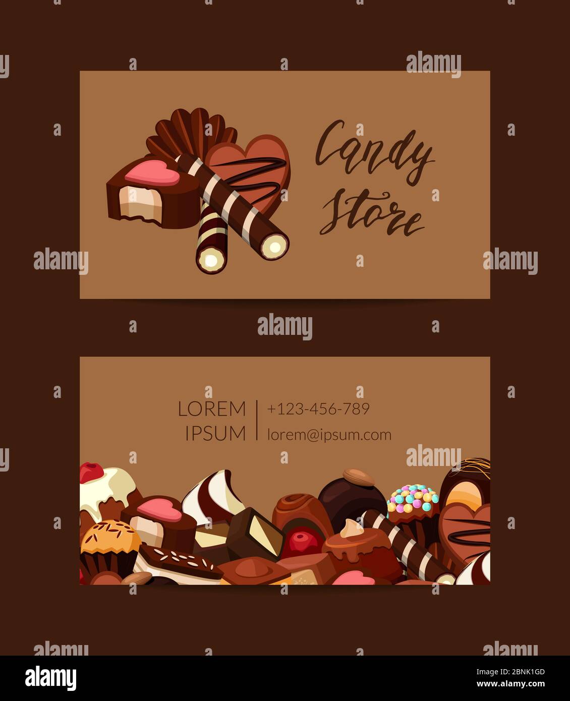 Modèle de carte de visite vectorielle avec bonbons au chocolat pour pâtisserie Illustration de Vecteur