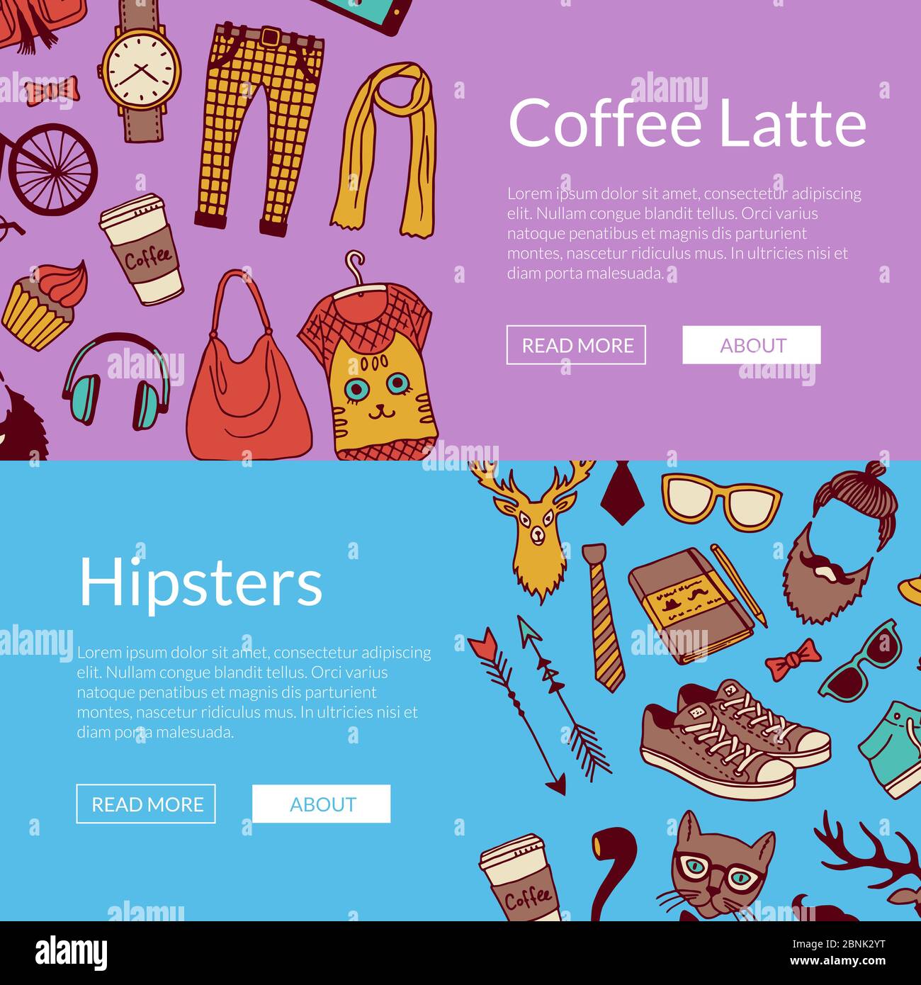 Illustration des bannières horizontales des icônes de l'hipster vectoriel Illustration de Vecteur