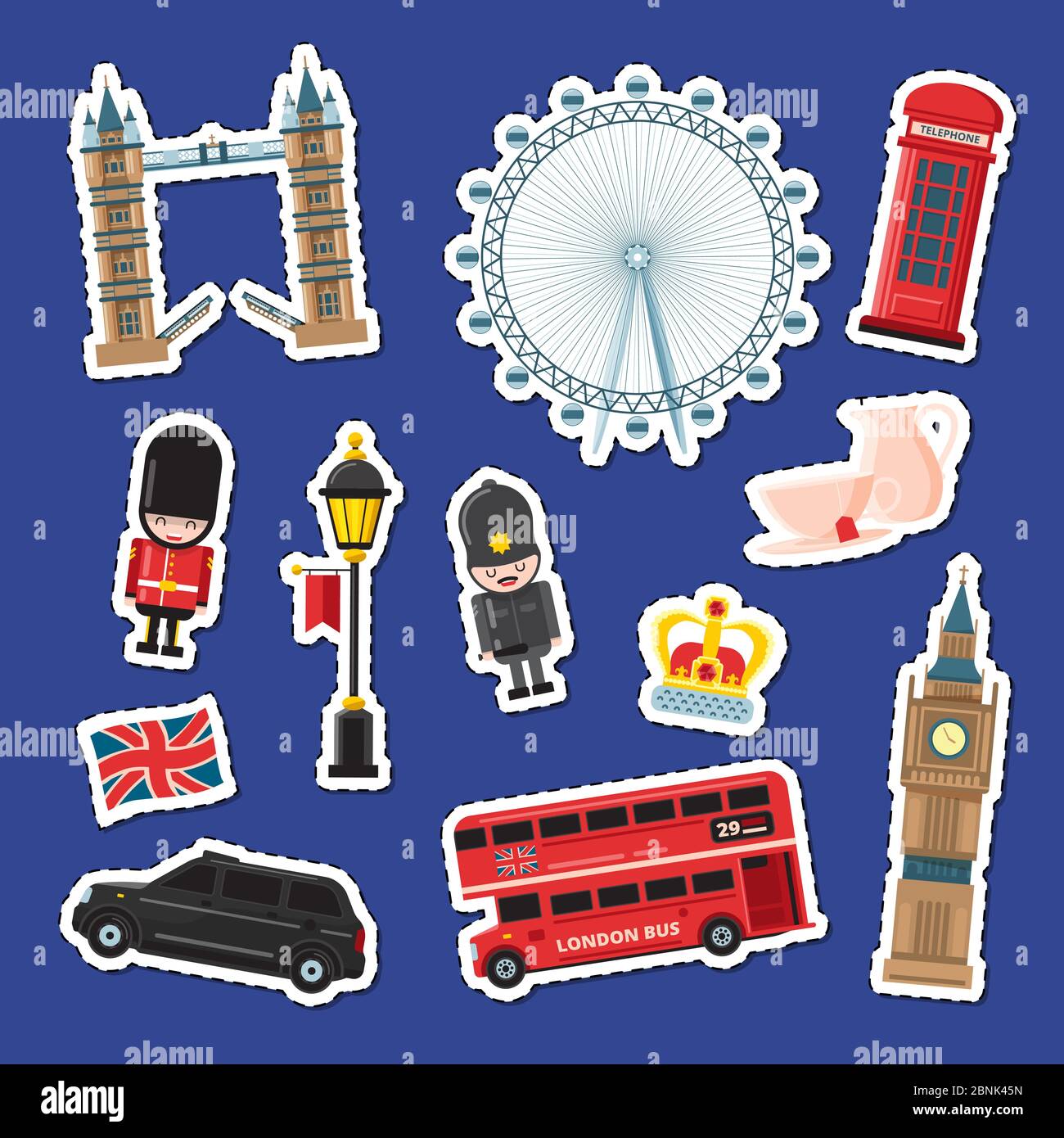 Illustration de la série d'autocollants Vector caricature London. Bannières attractions d'Angleterre Illustration de Vecteur