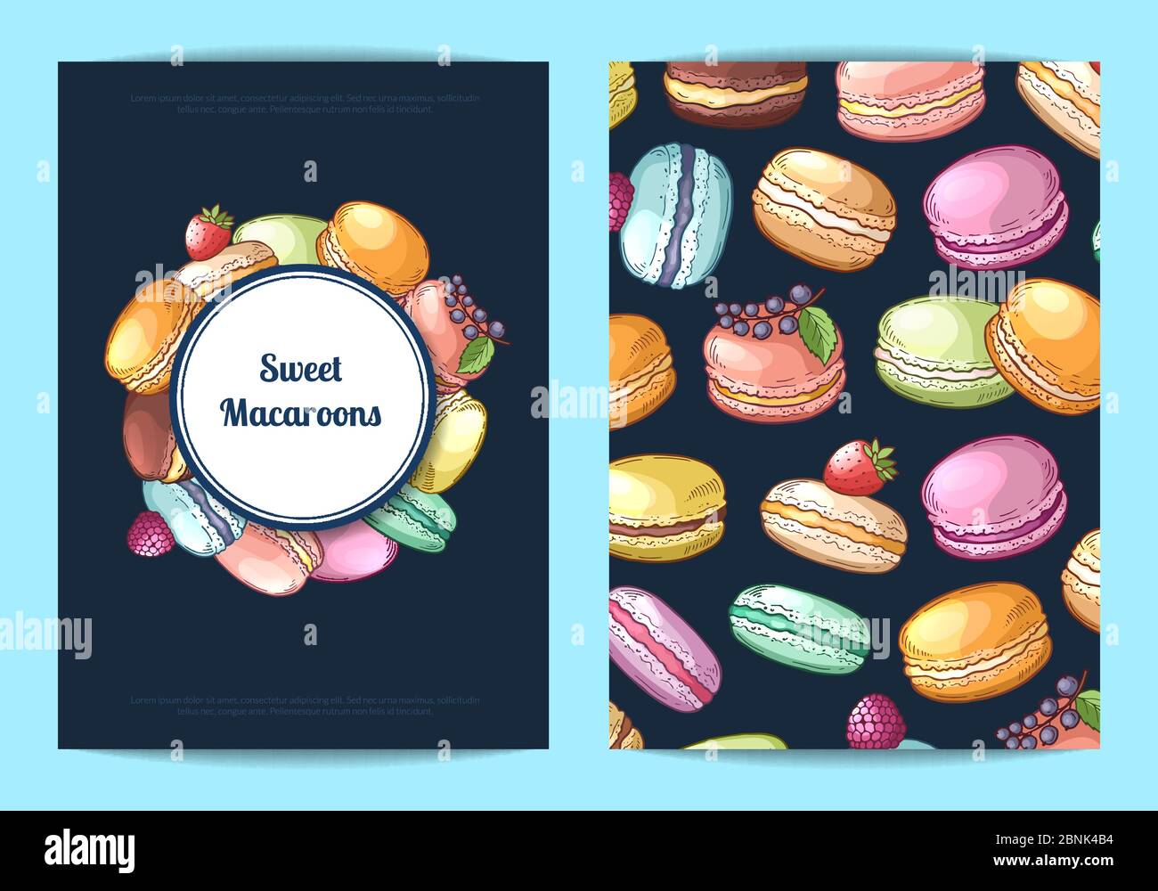 Carte vectorielle, prospectus ou brochure pour les pâtisseries et les pâtisseries avec macarons colorés dessinés à la main Illustration de Vecteur