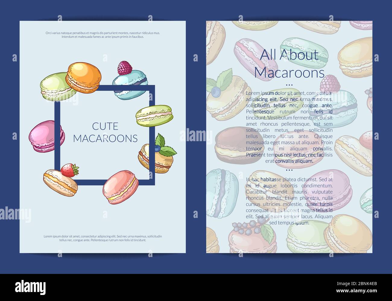 Carte vectorielle, prospectus ou modèle de brochure pour les pâtisseries et les pâtisseries avec macarons colorés dessinés à la main Illustration de Vecteur