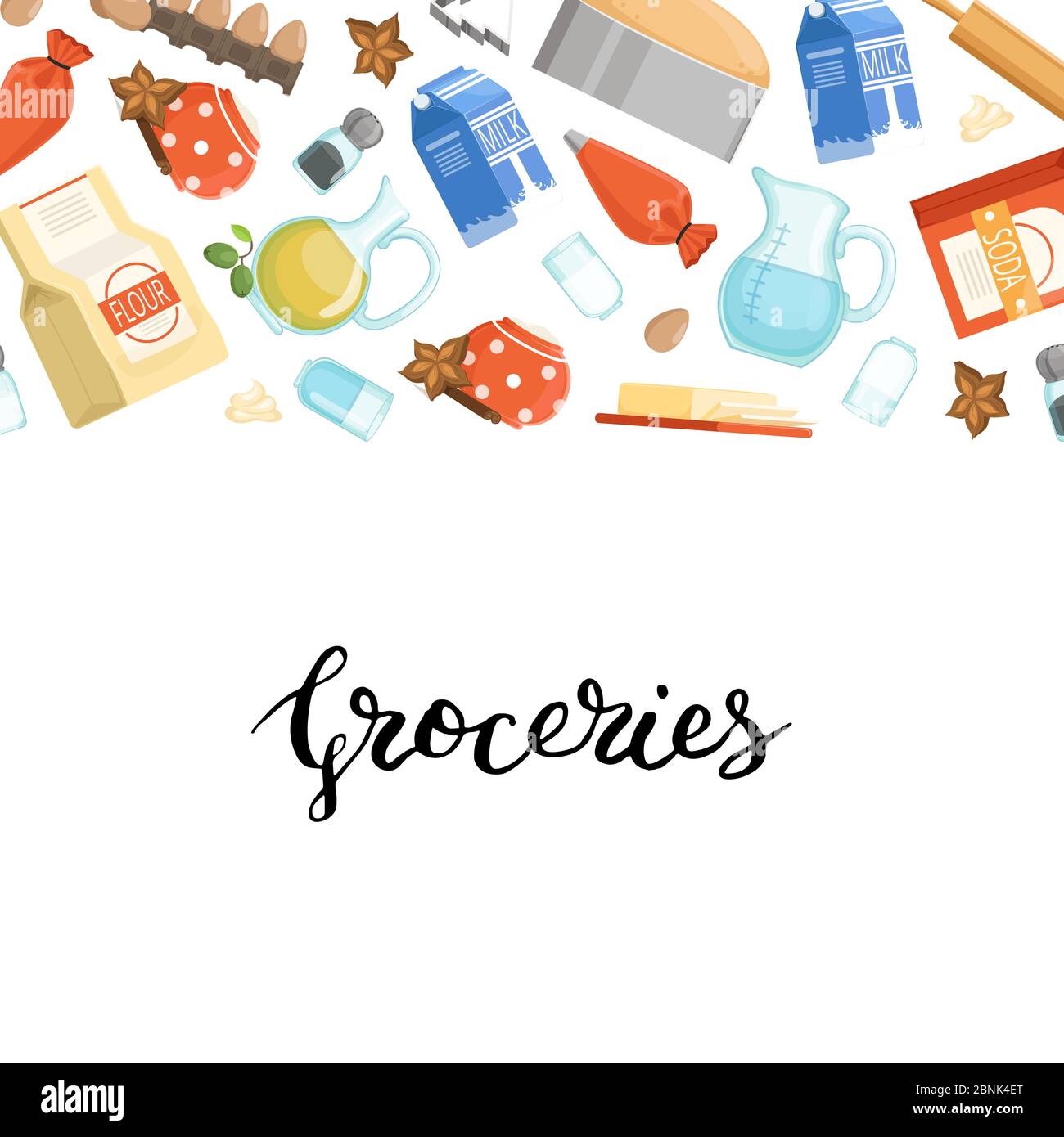 Illustration vectorielle de fond avec lettres représentant des ingrédients de cuisine ou des articles d'épicerie Illustration de Vecteur