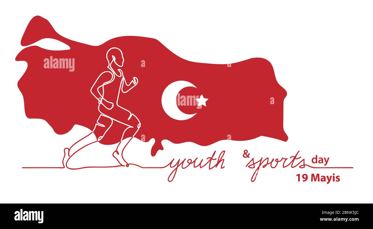 Ataturk Jeunesse et jour des sports simple rouge bannière, affiche, illustration. Fête turque le 19 mai. Un dessin de ligne continue de garçon courant Illustration de Vecteur