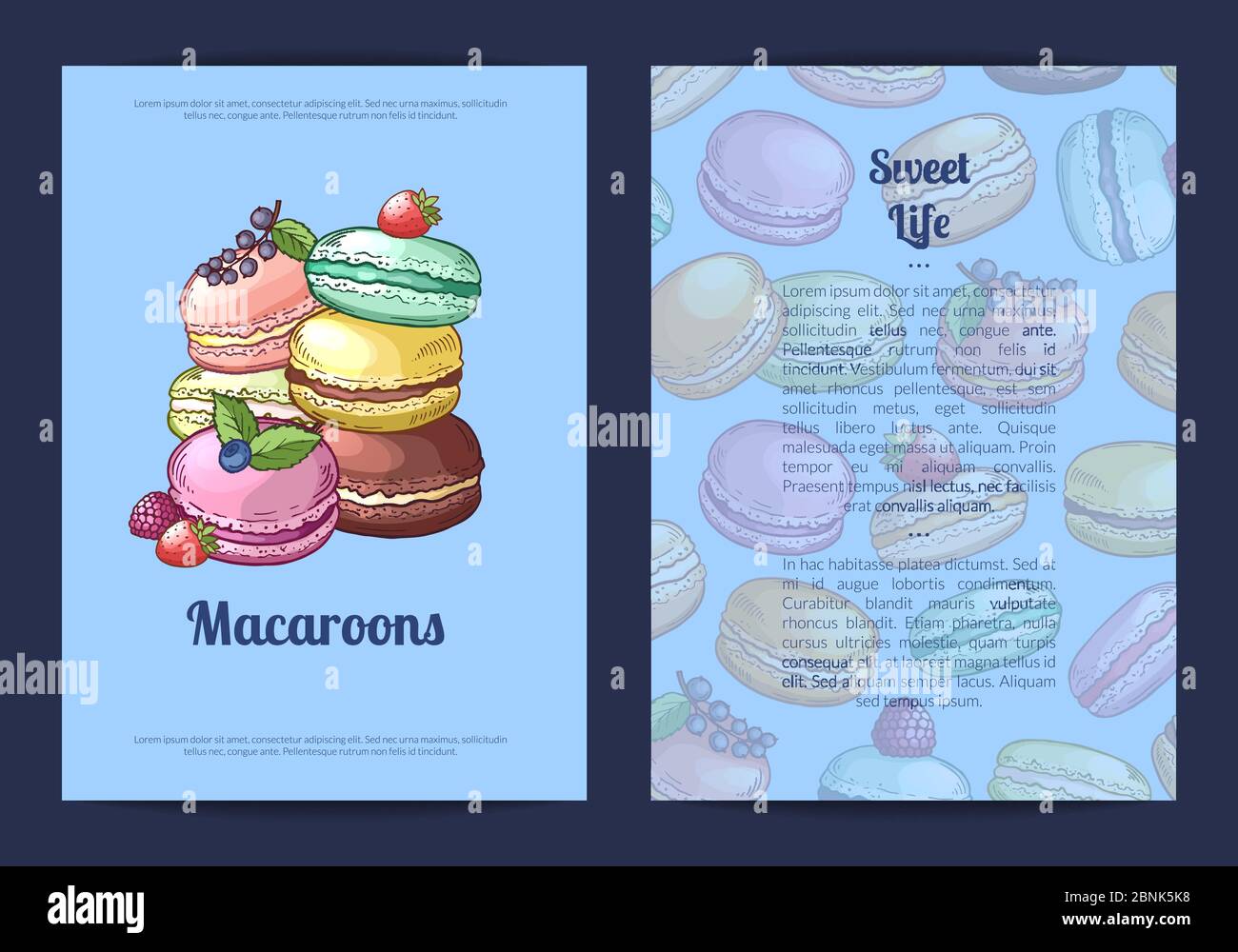 Carte vectorielle ou modèle de brochure pour les pâtisseries et les pâtisseries avec macarons colorés dessinés à la main Illustration de Vecteur