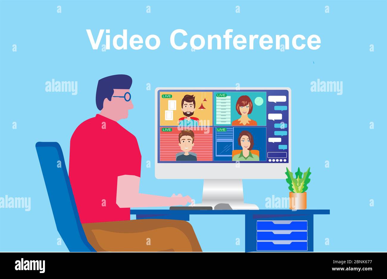 Vidéo conférence. Les utilisateurs sur écran d'ordinateur prennent avec leurs collègues. Vidéoconférence et réunion en ligne Illustration de Vecteur