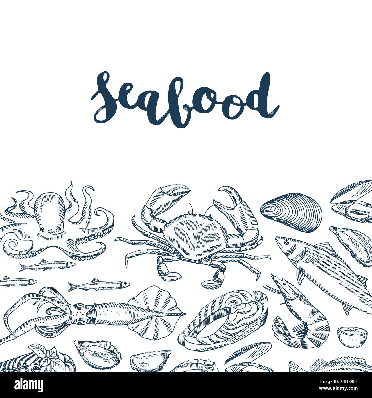 Illustration vectorielle de fond avec éléments de fruits de mer dessinés à la main et lettrage Illustration de Vecteur