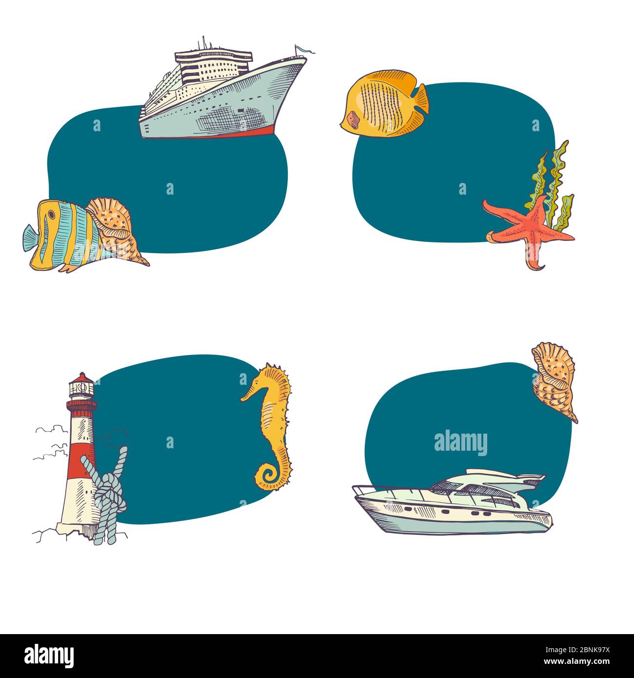 Ensemble d'autocollants de mer dessinés par vecteur Illustration de Vecteur