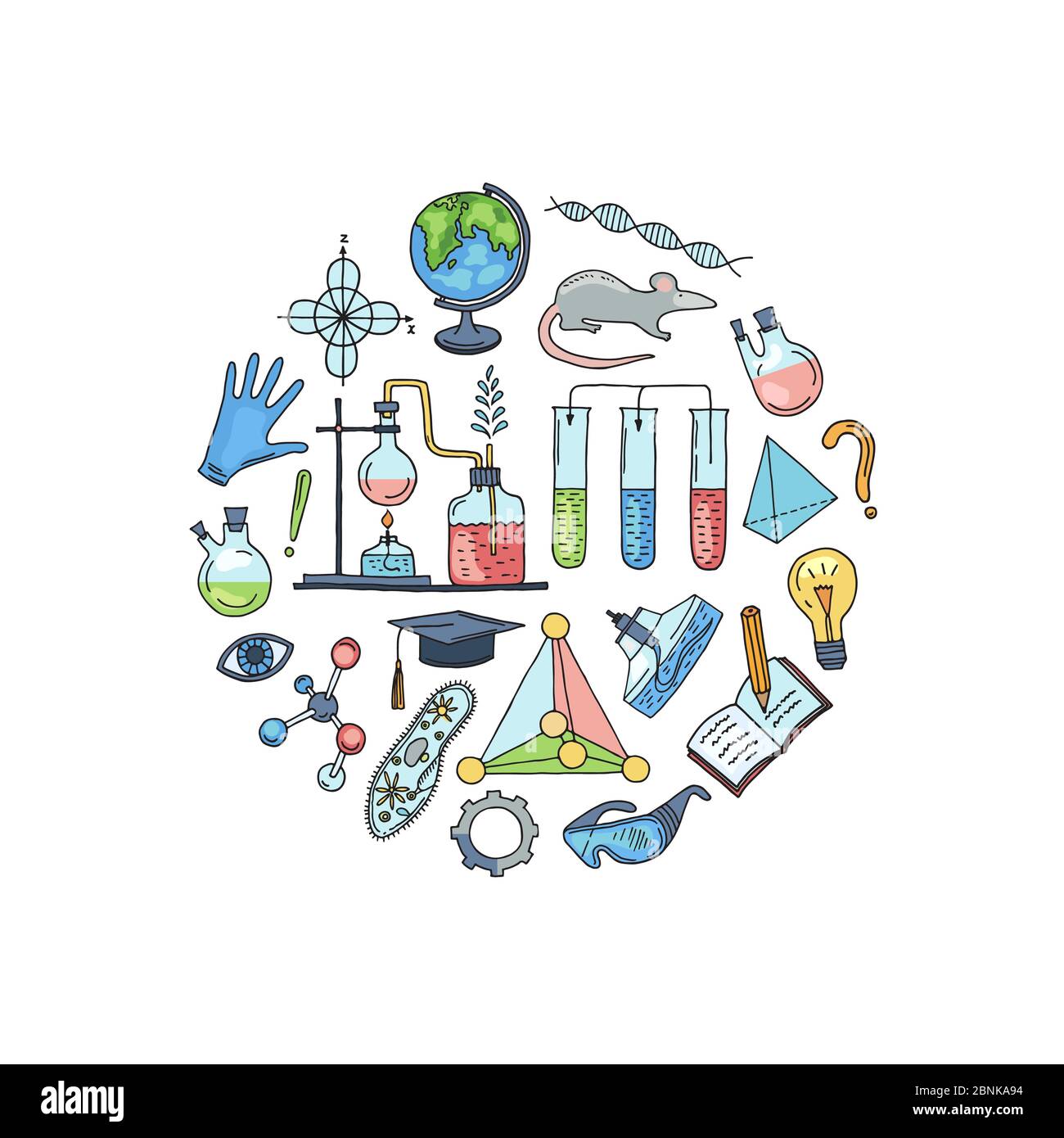 Vecteur esquissé des éléments de science ou de chimie sous forme d'illustration de cercle Illustration de Vecteur