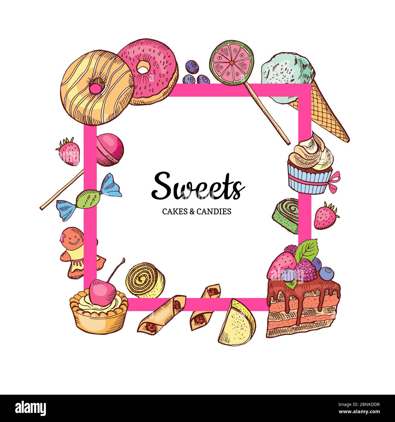 Cadre vectoriel avec emplacement pour texte bonbons dessinés à la main Illustration de Vecteur