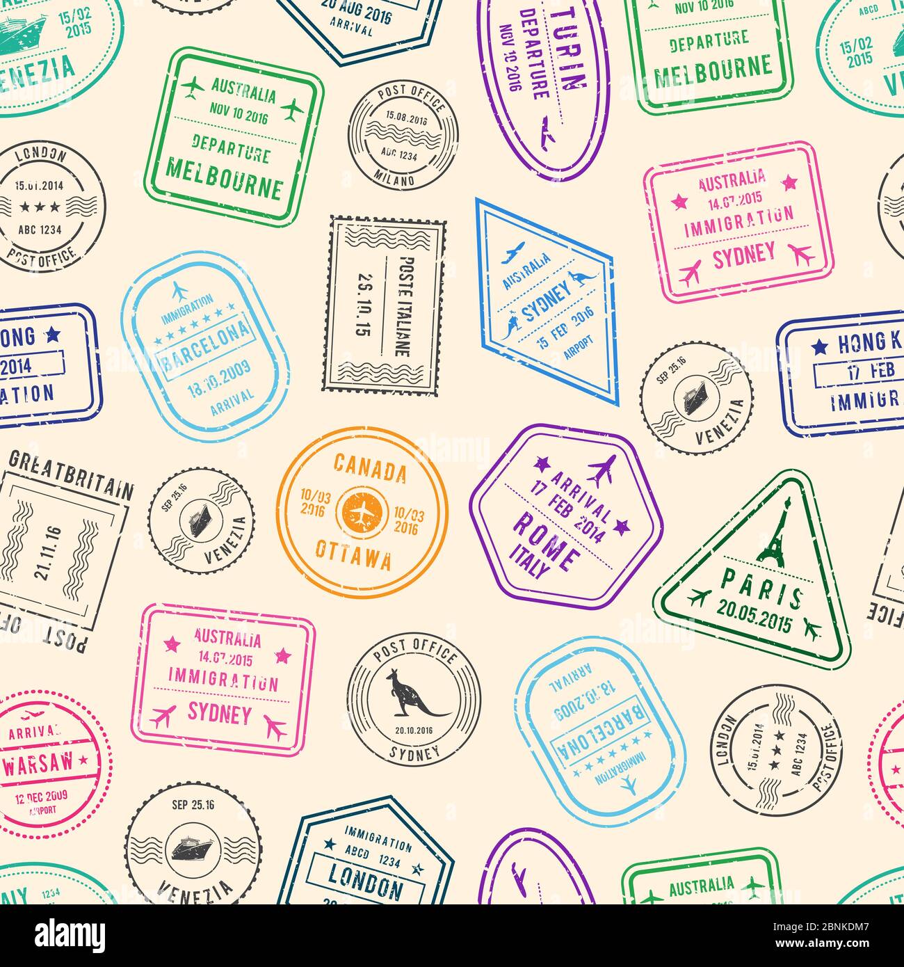 Motif vectoriel ou illustration d'arrière-plan avec timbres de poste et d'immigration de différents pays Illustration de Vecteur
