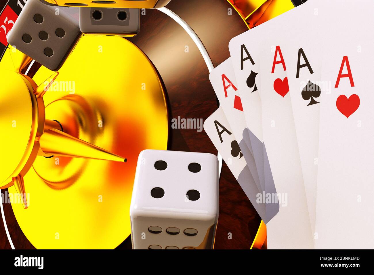 Concept de Casino Jeux populaires de Poker et Roulette avec six as Dice et Roulette roue. Banque D'Images