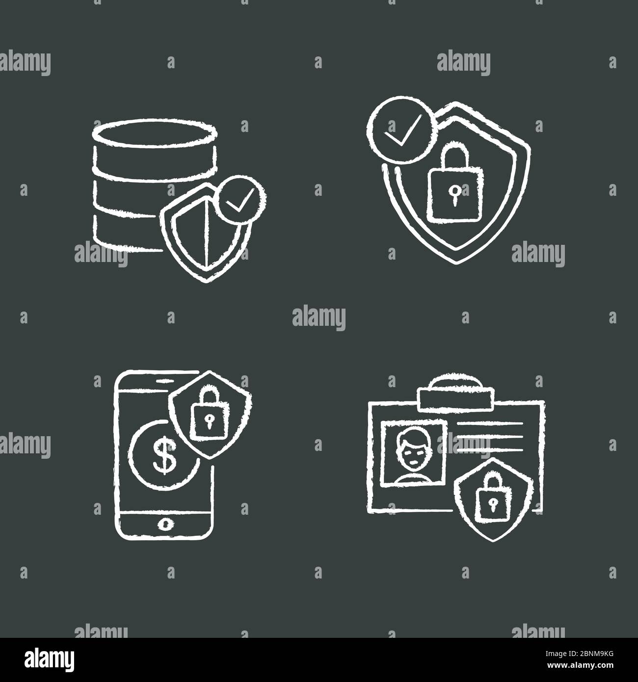 Icônes blanches de la craie de cybersécurité sur fond noir. Protection du stockage des informations. Sécurité de l'hébergement Web. Verrou de porte-monnaie en ligne. ID personnel et cadenas. Illustrations vectorielles isolées Illustration de Vecteur