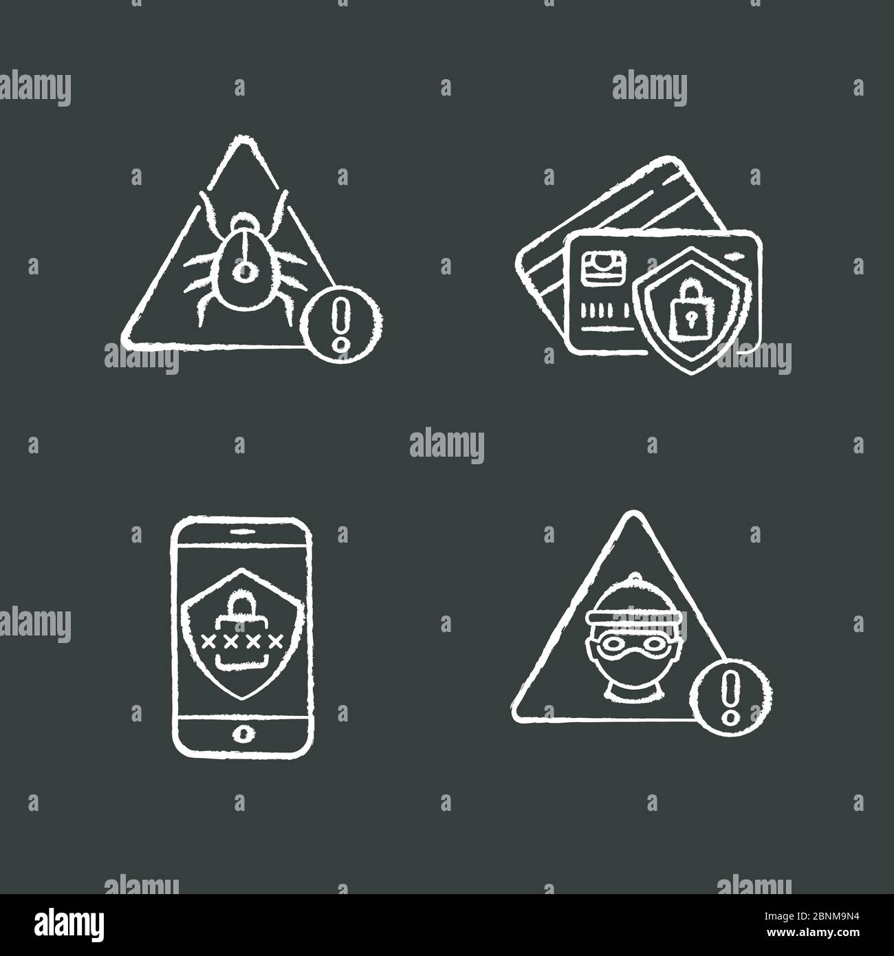 Icônes blanches de la craie de cybersécurité sur fond noir. Alerte de virus. Système de sécurité Internet. Menace d'attaque de pirates. Mot de passe du smartphone. Illustrations vectorielles isolées Illustration de Vecteur