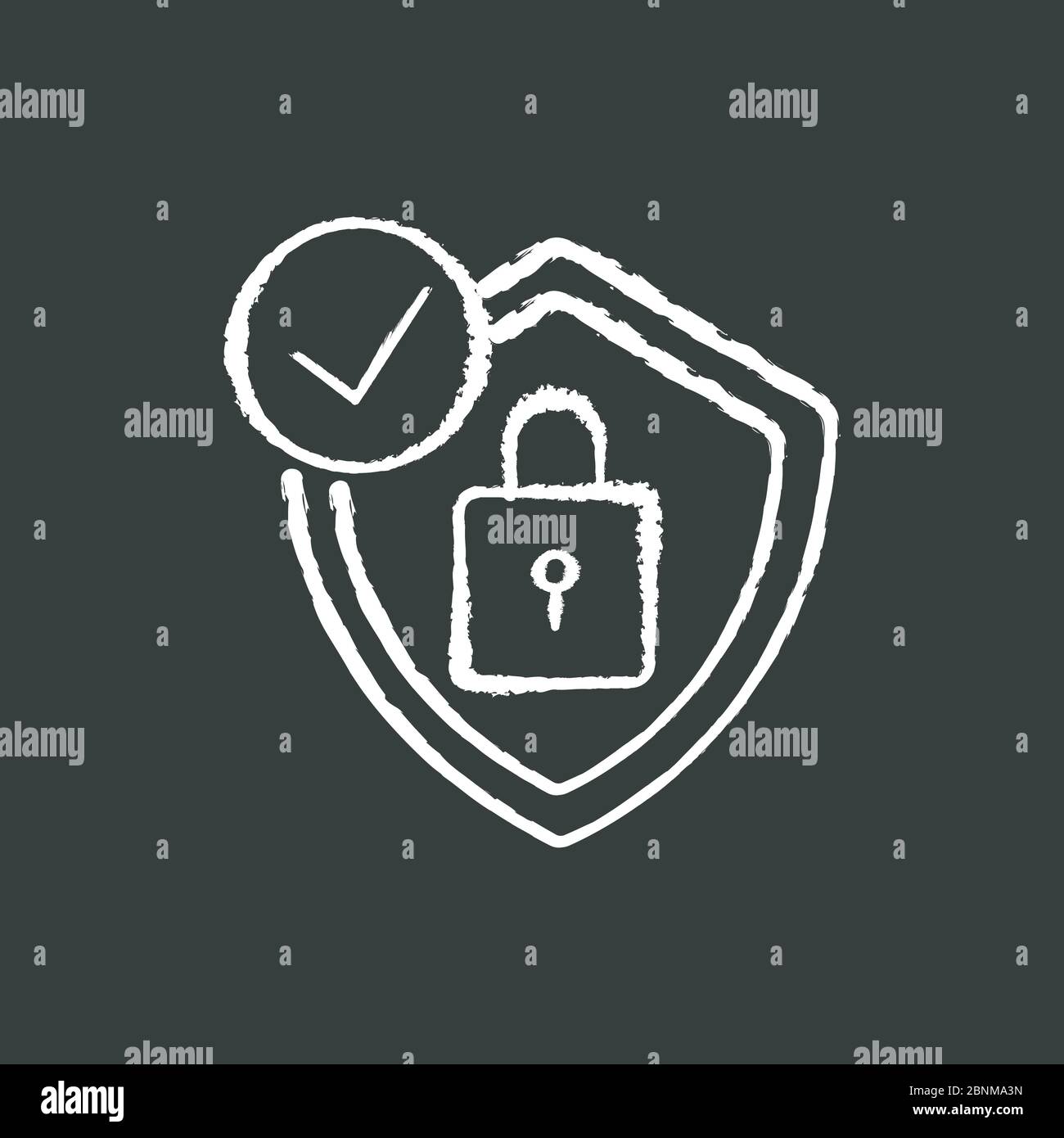 Icône blanche de craie antivirus sur fond noir. Chiffrement numérique. Protection des données personnelles. Cadenas et protection. Technologie de cybersécurité. Illustration de tableau noir vectoriel isolé Illustration de Vecteur