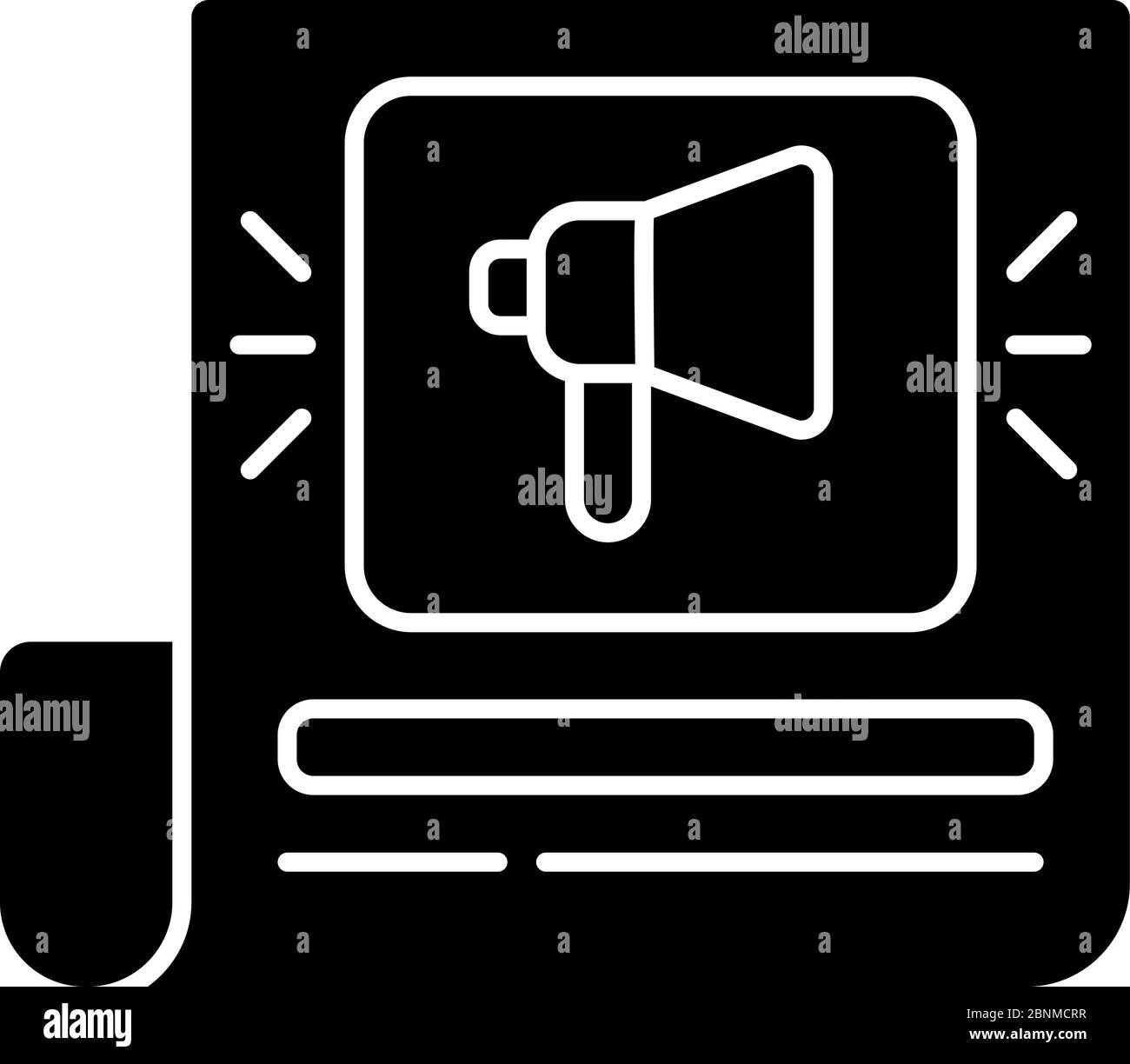 Icône de glyphe noir News. Page avec annonce. Feuille de papier avec panneau de haut-parleur. Publicité dans le bulletin. Article quotidien. Symbole de silhouette sur un espace blanc. Illustration vectorielle isolée Illustration de Vecteur