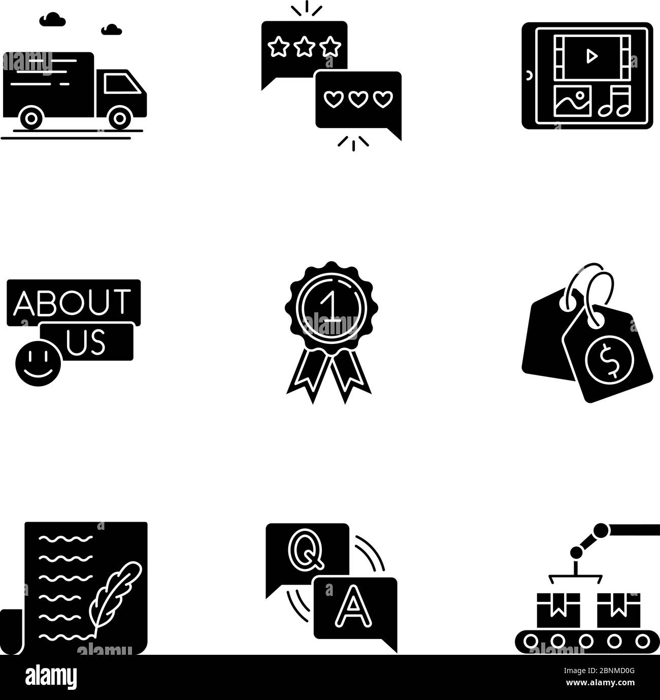 Présence sur les réseaux sociaux icônes de glyphe noires définies sur un espace blanc. Services de livraison. Commentaires, révision. Médias numériques. Coordonnées Récompense. Étiquette de prix. Symboles de silhouette. Illustration vectorielle isolée Illustration de Vecteur