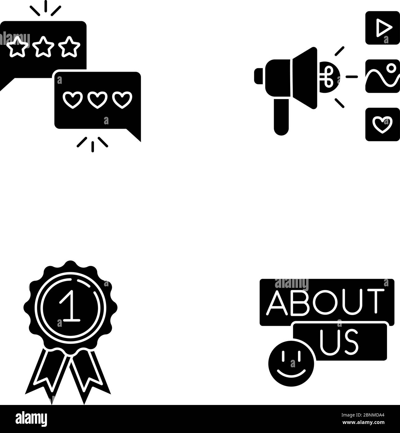 Les icônes de glyphe noir des réseaux sociaux d'entreprise sont placées sur un espace blanc. Excellent feedback. Bonne critique. Campagne numérique. Récompense pour le gagnant du premier prix. Symboles de silhouette. Illustration vectorielle isolée Illustration de Vecteur