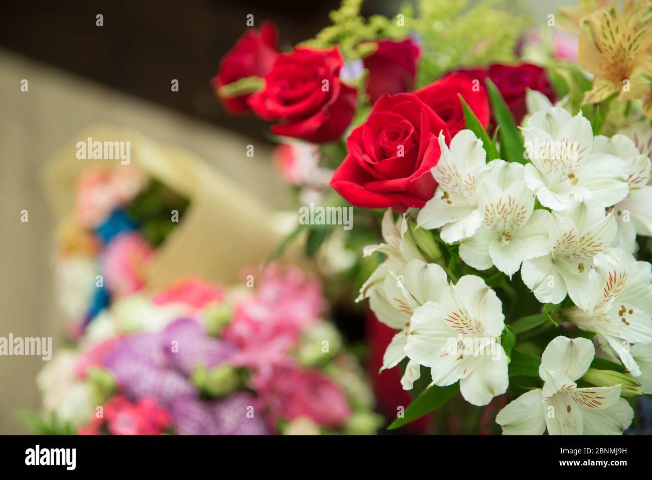 Contexte de la Saint-Valentin, jour du mariage. Les roses rouges fleuries fleurissent sur fond de bokeh hexagonal roué. Banque D'Images