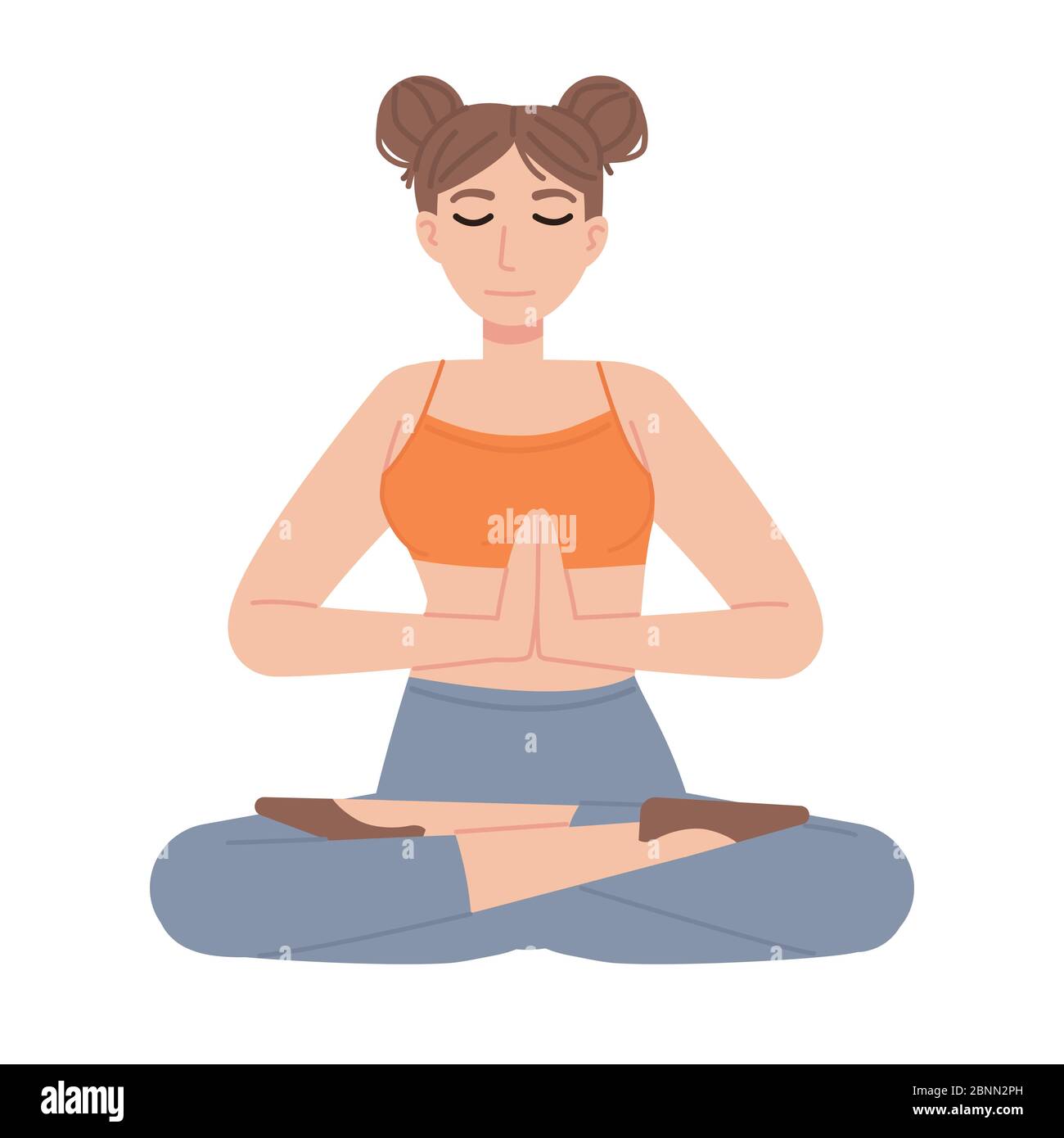 Jolie fille en lotus asana avec les mains jointes et les yeux fermés. Méditation, santé mentale, relaxation, yoga, fitness, concept de gestion du stress. Stock Illustration de Vecteur