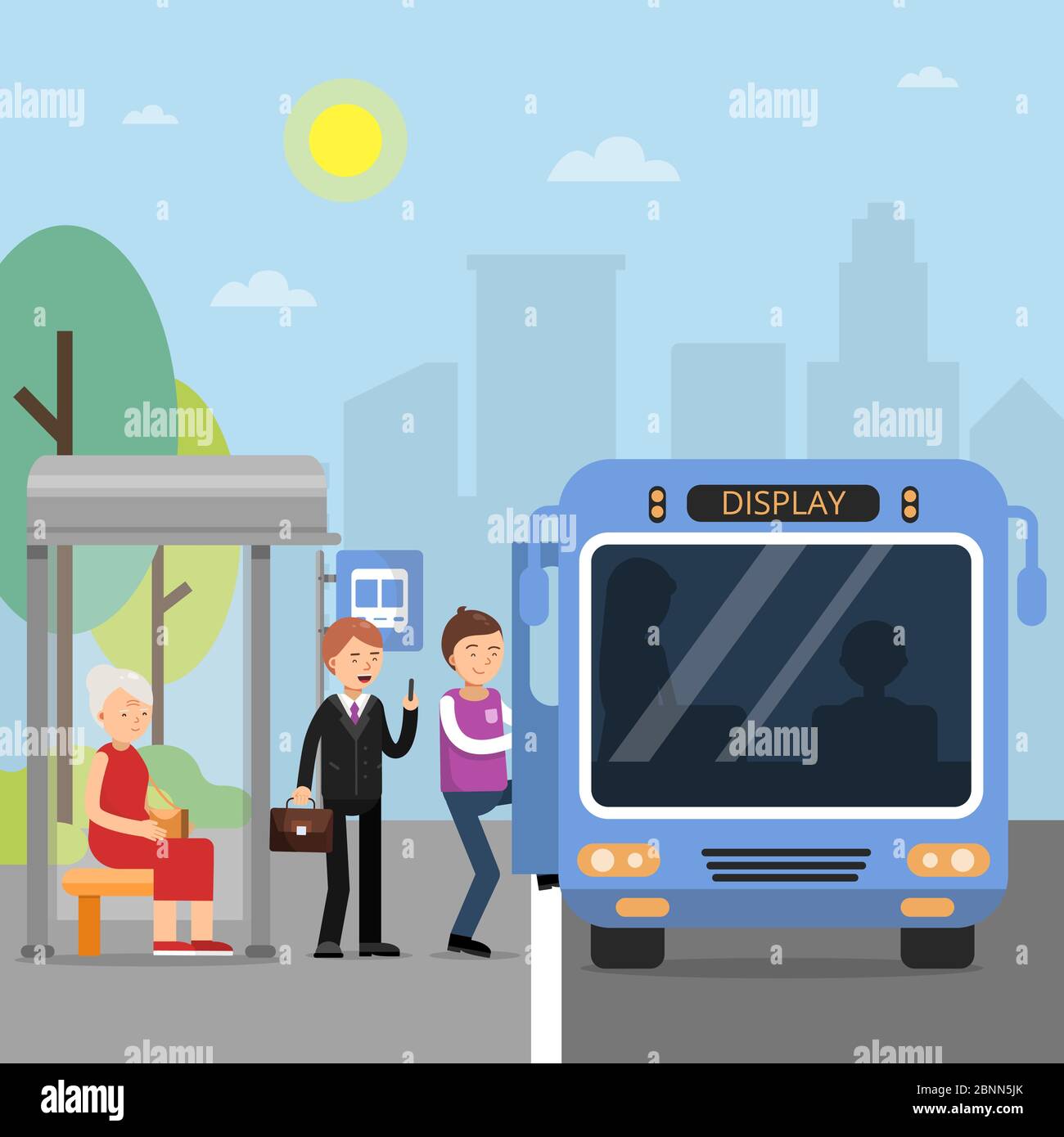 Gare routière publique avec des passagers assis dans le bus Illustration de Vecteur