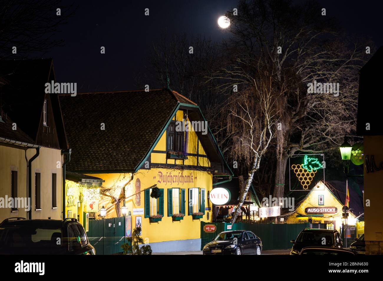 Vienne, le restaurant Heurigen 'Buschenschek' et 'Ausg'skett' dans le quartier de Grinzing, Autriche, la nuit Banque D'Images